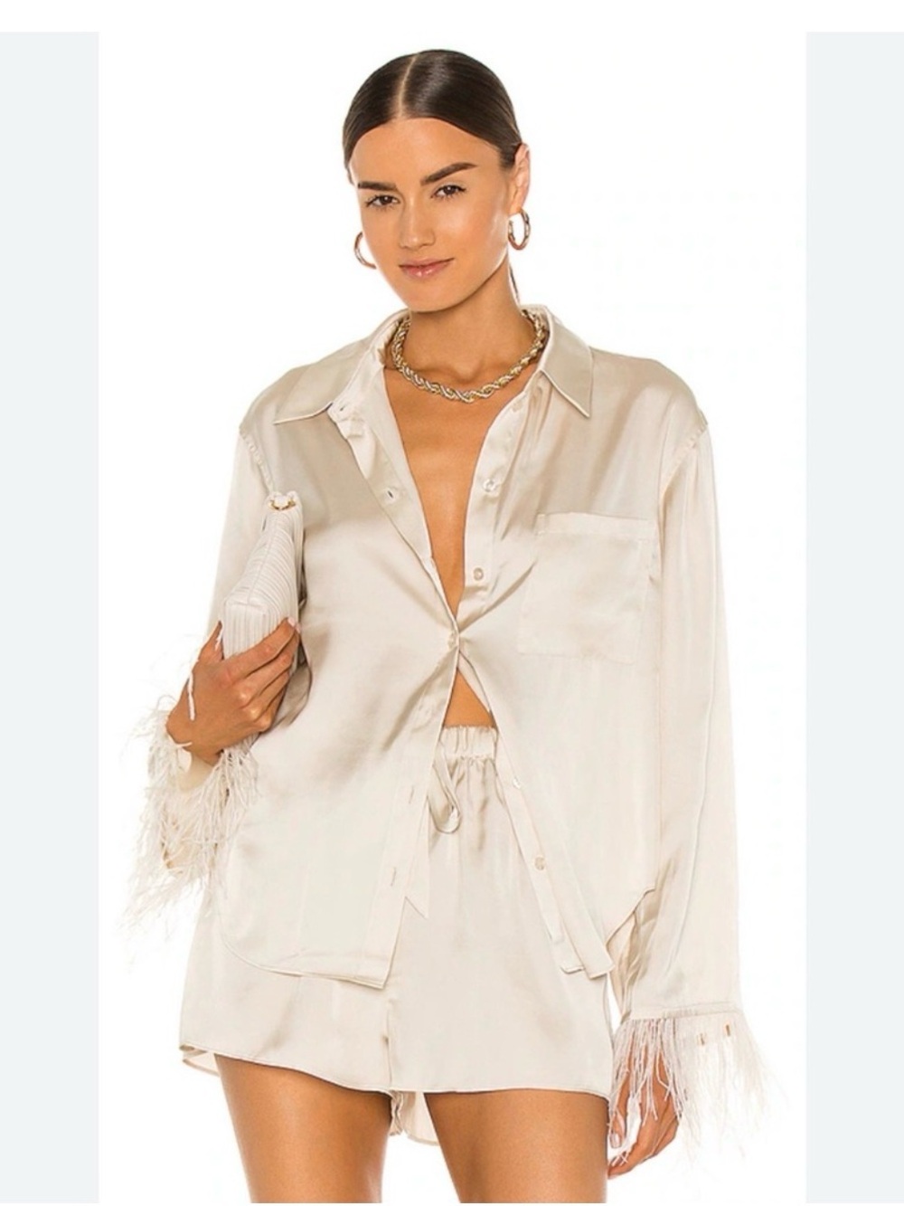 L'Academie Feather-Trim Satin Button-Down Top in Cream